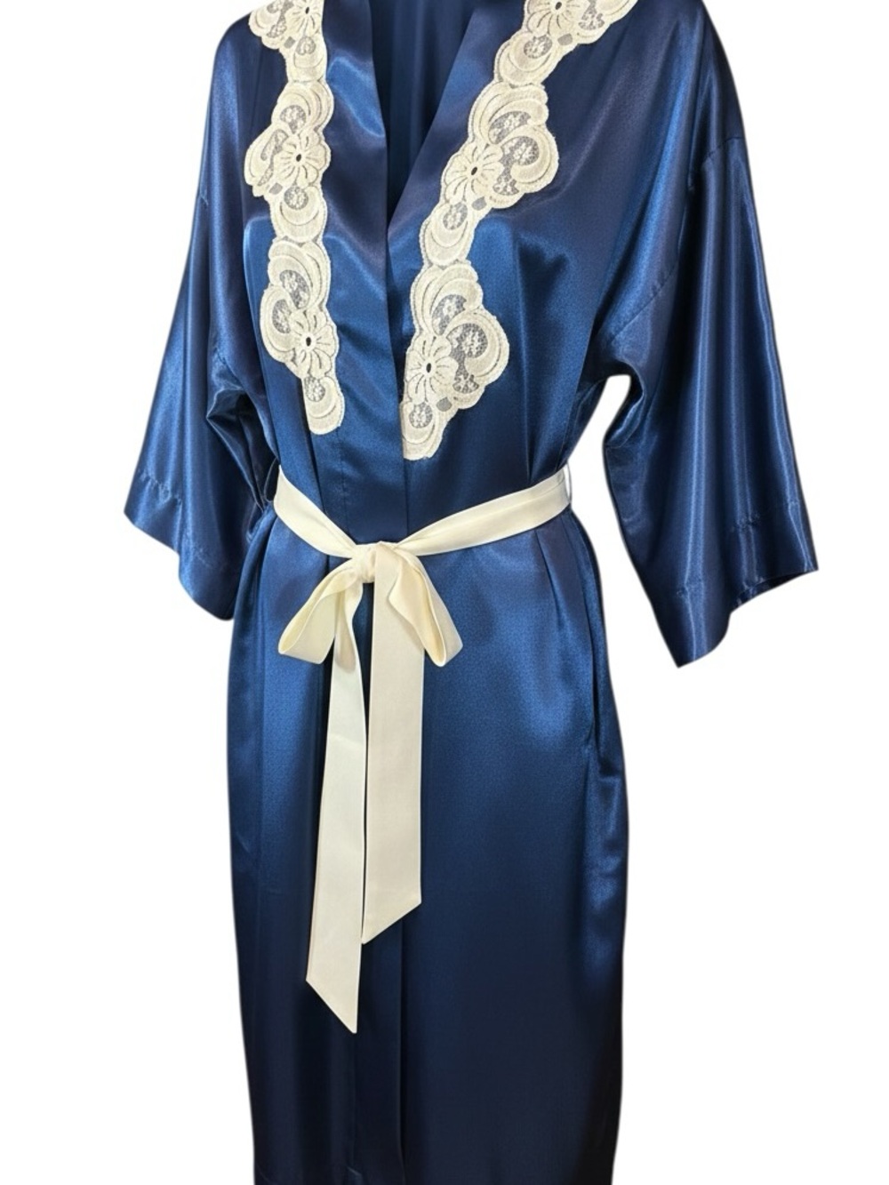 Satin Navy Blue Lace-Trim Kimono Robe with Ivory Waist Tie